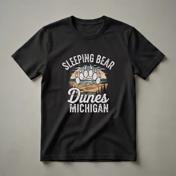 Black t-shirt featuring a retro graphic design of Sleeping Bear Dunes, Michigan, with a bear paw print, sand dunes, trees, and a lake under a sunset sky.