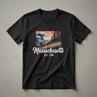 Retro Massachusetts Wave and Pine Trees Graphic T-Shirt
