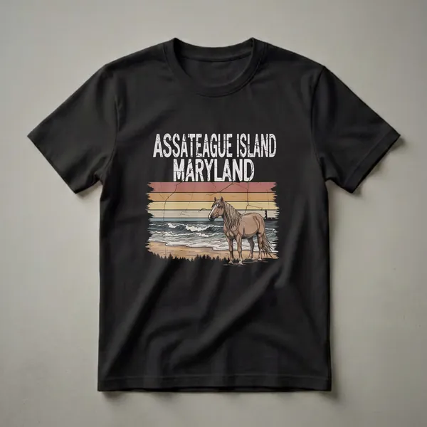 Black graphic t-shirt featuring a retro design of Assateague Island, Maryland, with a brown horse standing on the beach, waves, and a lighthouse.