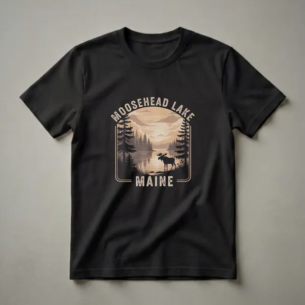 Black t-shirt with a retro graphic design of Moosehead Lake, Maine, featuring a moose, pine trees, and a scenic landscape.