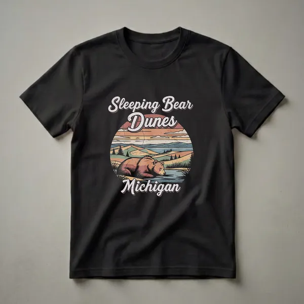 Black t-shirt with a vintage graphic depicting a bear by the water with Sleeping Bear Dunes and Michigan text, set against a retro sunset.