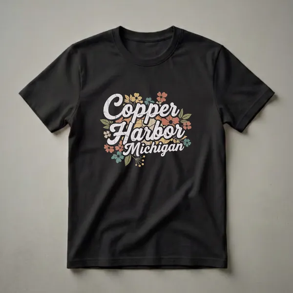 Black t-shirt with retro graphic design that reads "Copper Harbor Michigan" in distressed white and cream font, surrounded by stylized flowers and leaves in muted orange, yellow, teal, and green.