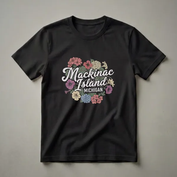 Black t-shirt with a retro graphic design that reads 'Mackinac Island MICHIGAN' surrounded by a circular arrangement of colorful flowers in muted tones.