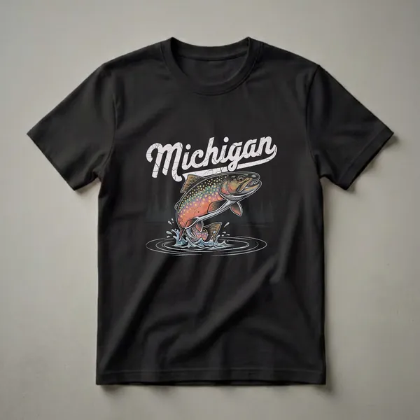 Black t-shirt featuring a retro graphic of a jumping Michigan brook trout with colorful spots, set against a dark forest and water scene, with distressed 'Michigan' lettering above.