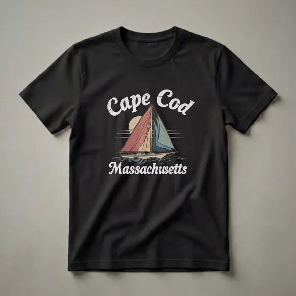 Black graphic t-shirt featuring a retro sailboat design with 'Cape Cod Massachusetts' text in distressed white font, set against a muted sun and blue waves.