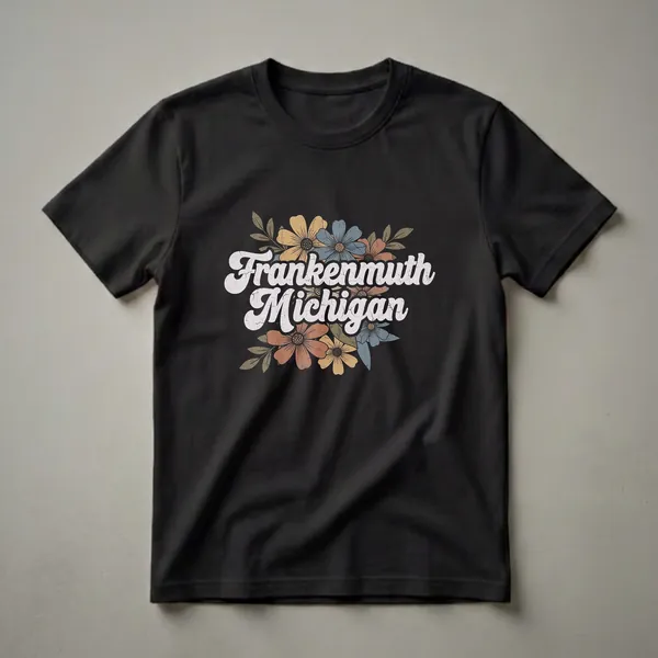 Black t-shirt featuring the words 'Frankenmuth Michigan' in white retro script, surrounded by a vintage floral design in muted yellow, blue, and rust colors.