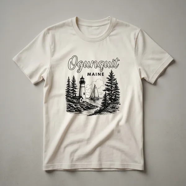 Black graphic t-shirt featuring a sketch art design of Ogunquit, Maine, with a lighthouse, sailboat, pine trees, and rocky coastline.