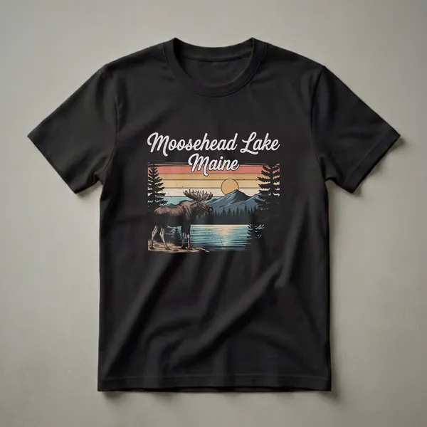 Black t-shirt with a retro graphic design of a moose standing by Moosehead Lake in Maine, with mountains and a sunset in the background.