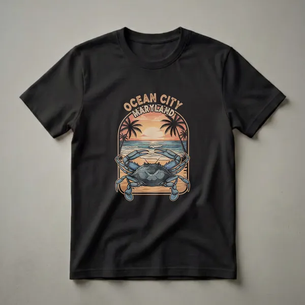 Black t-shirt featuring a retro graphic design of a blue crab on a sandy beach with palm trees and a sunset over the ocean, with 'Ocean City Maryland' text.