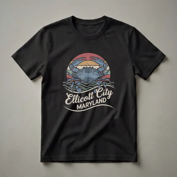 Black t-shirt featuring a retro graphic of a blue crab with raised claws against a distressed sunset with horizontal stripes and wavy lines, with 'Ellicott City MARYLAND' text.
