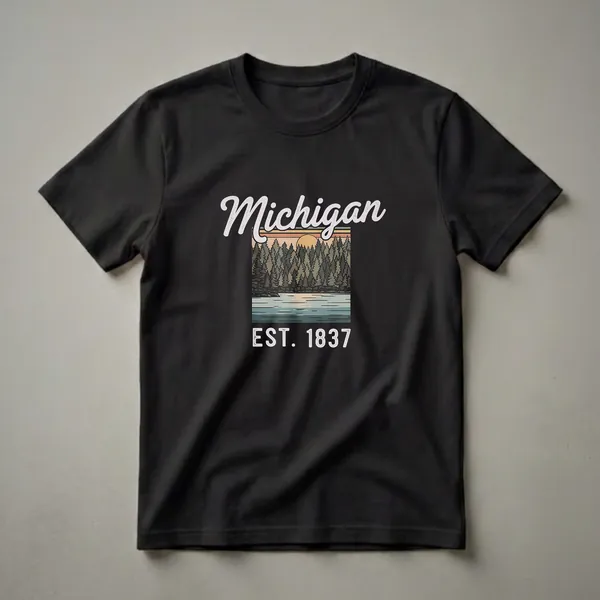 Black t-shirt featuring a retro design with the word 'Michigan' in white script, a forest and lake landscape with a sunset, and 'EST. 1837' in distressed white lettering.