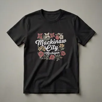 Retro Mackinaw City Michigan Floral Graphic T-Shirt for Lake Lovers
