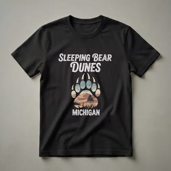 Black t-shirt with a retro graphic design for Sleeping Bear Dunes, Michigan, featuring distressed text and a bear paw print filled with a desert landscape.