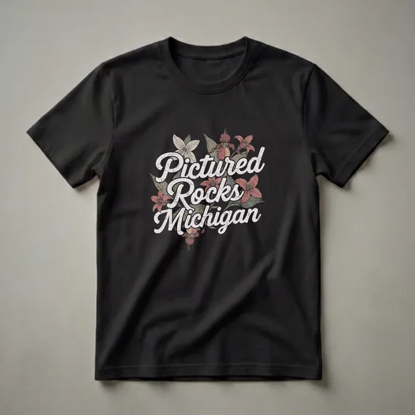 Black t-shirt with 'Pictured Rocks Michigan' in distressed white script, surrounded by vintage-style illustrations of red lilies and pale green leaves.