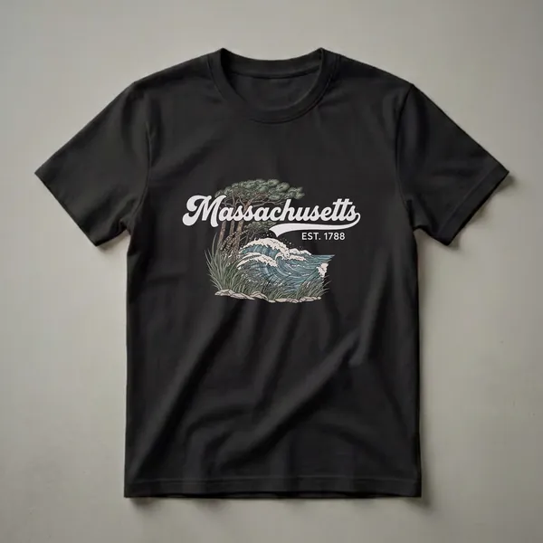 Black t-shirt featuring a retro graphic design of crashing ocean waves, pine trees, and tall grass with the text 'Massachusetts EST. 1788'.
