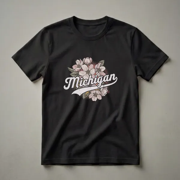 Black t-shirt featuring the word "Michigan" in a retro script font surrounded by pink and white flowers and green leaves, with a distressed halftone dot background.