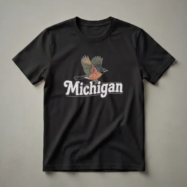 Black t-shirt featuring a retro graphic of an American Robin in flight above the word 'Michigan' in a distressed, vintage font.