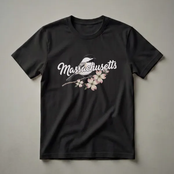 Black t-shirt with a graphic design of a black-capped chickadee perched on a branch with pink dogwood flowers and the word 'Massachusetts' in distressed lettering.