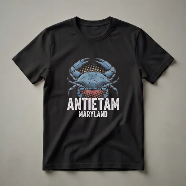 Black t-shirt with a distressed blue crab graphic above the words 'ANTIETAM MARYLAND' in distressed white and grey lettering.