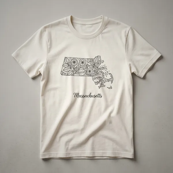Black graphic t-shirt featuring a detailed outline of Massachusetts filled with floral patterns and ocean waves, with the word 'Massachusetts' in script below.