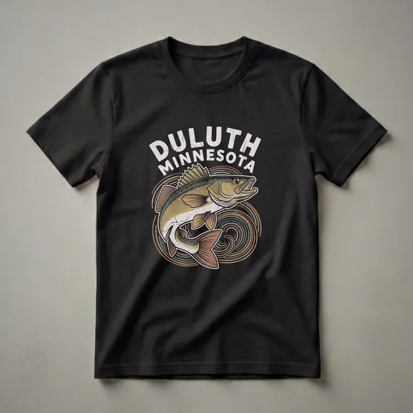 Black t-shirt with a retro graphic design of a walleye fish leaping, with the text 'Duluth Minnesota' above and stylized water ripples below.