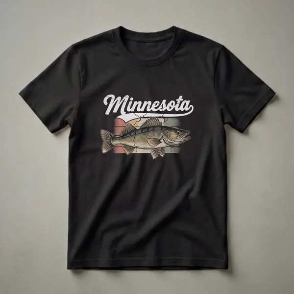 Black t-shirt featuring a retro graphic of a walleye fish with the word Minnesota in a distressed script font above it, set against a striped background.