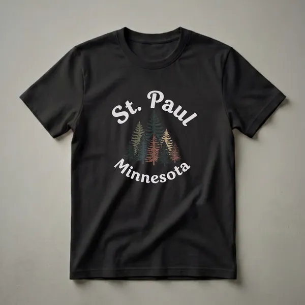 Black t-shirt with a retro graphic design featuring "St. Paul Minnesota" in distressed white lettering and a cluster of multi-colored pine trees in the center.