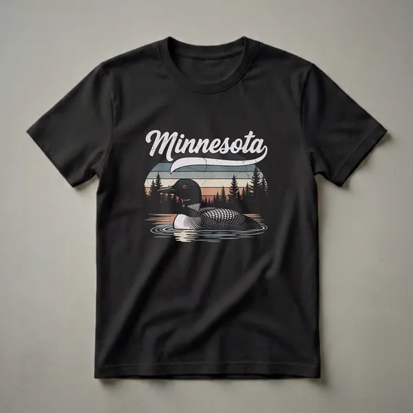 Black t-shirt with a retro graphic featuring a loon swimming in water, silhouetted pine trees, and a vintage sunset with horizontal stripes, with the word Minnesota in script font above.
