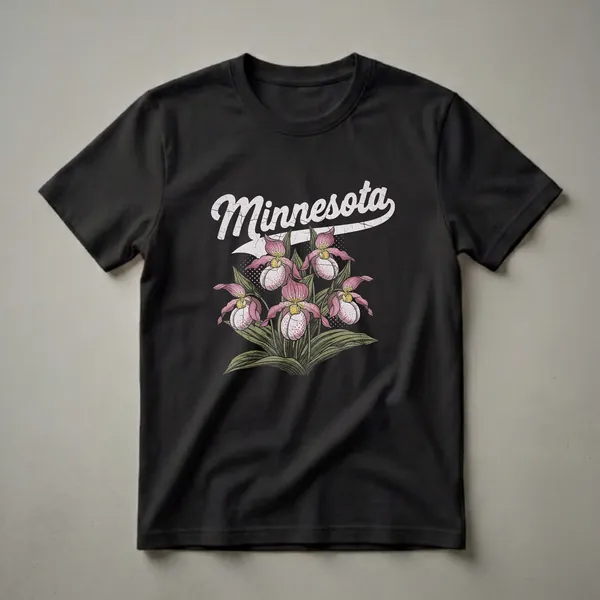 Black t-shirt featuring the word 'Minnesota' in a retro font above a detailed illustration of pink and white lady slipper orchids with green leaves, all in a distressed graphic style.