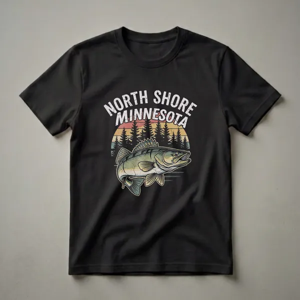 Black t-shirt with a vintage graphic of a walleye fish, "North Shore Minnesota" text, silhouetted pine trees, and a striped sunset.