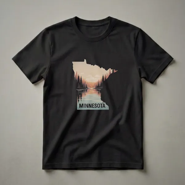 Black t-shirt with a graphic of the Minnesota state outline filled with a retro forest and lake landscape at sunset, with the word MINNESOTA at the bottom.