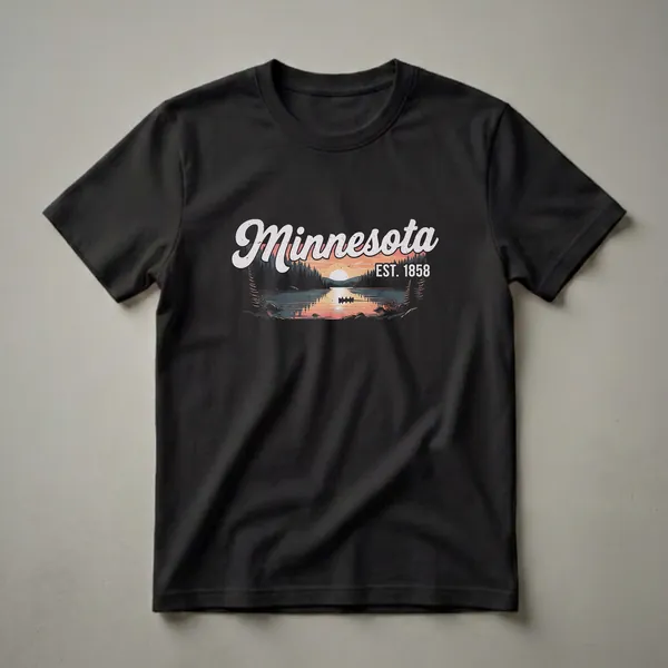 Black t-shirt featuring a retro graphic of Minnesota with a lake sunset, canoe, and pine trees, and the text "Minnesota EST. 1858".