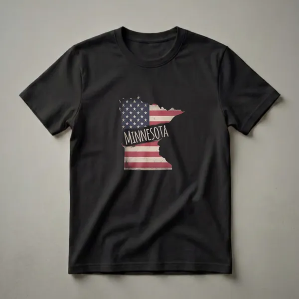 A black t-shirt featuring the outline of Minnesota filled with a distressed American flag design and the word "MINNESOTA" in white text.