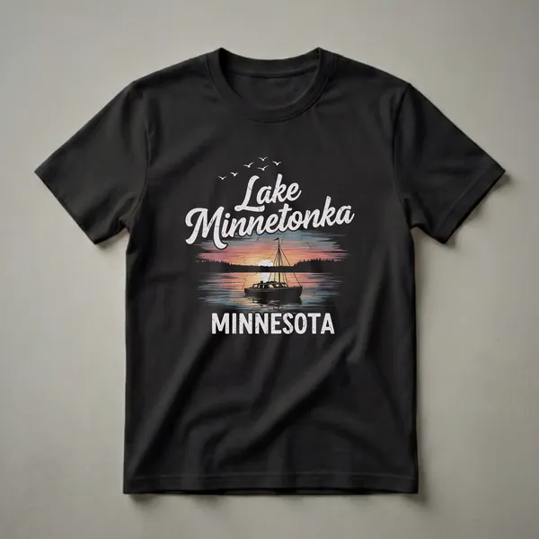 Black t-shirt featuring a retro graphic of Lake Minnetonka, Minnesota at sunset with a sailboat on the water and birds flying overhead.