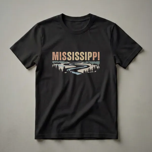 Black t-shirt with a retro graphic design that reads MISSISSIPPI above a landscape featuring a winding river, pine trees, and hills in muted colors.