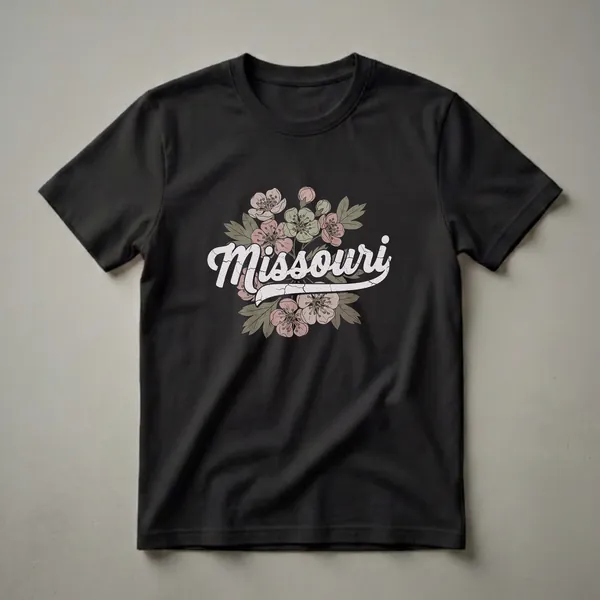 Black t-shirt featuring the word 'Missouri' in a distressed retro font, surrounded by stylized pink and green flowers and leaves.