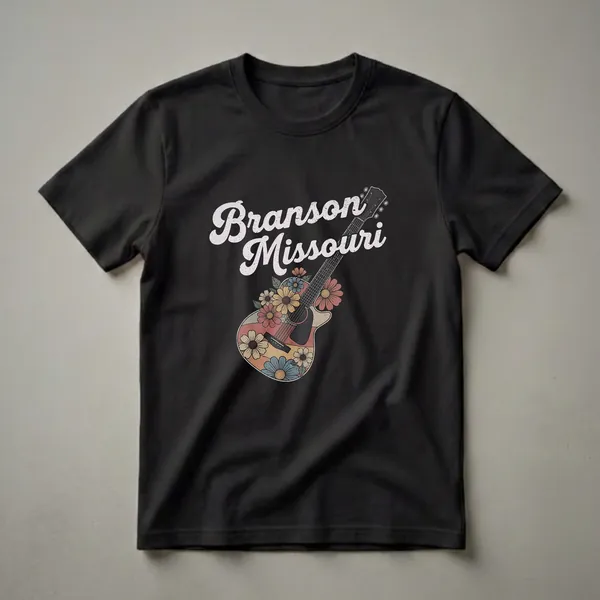 A retro graphic t-shirt design featuring the words "Branson Missouri" above a vintage acoustic guitar decorated with colorful flowers in shades of red, blue, yellow, and cream.