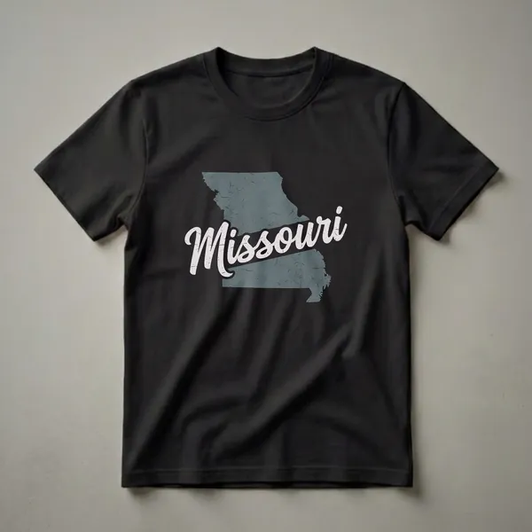 Black t-shirt with a distressed teal map outline of Missouri and the word 'Missouri' in a light pink retro script font.