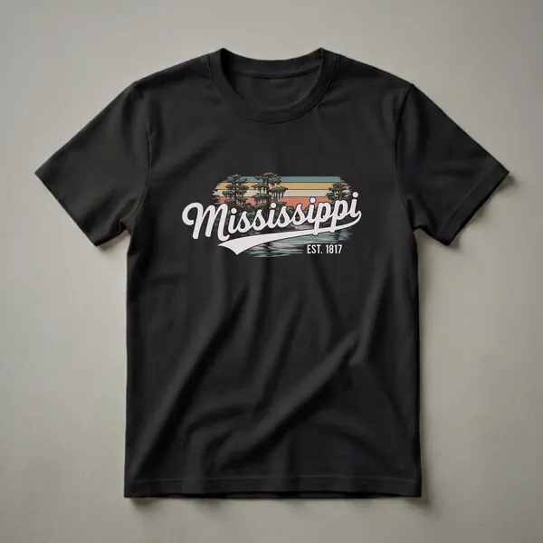 Black t-shirt with a retro graphic design of Mississippi, featuring cypress trees with Spanish moss, a reflective water body, and a striped sunset background.