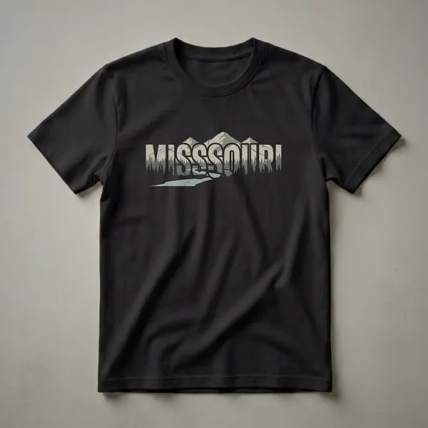 Black t-shirt featuring the word MISSOURI filled with a retro design of mountains, pine trees, and a winding river.