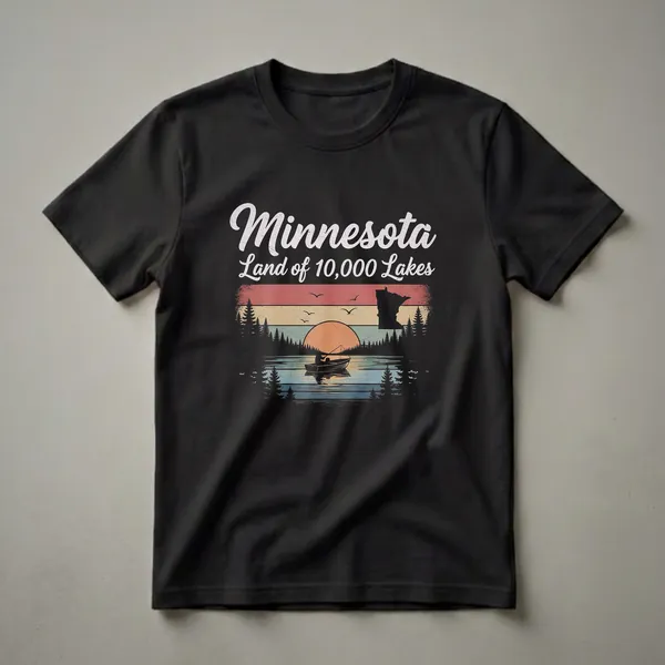 Black t-shirt featuring a retro graphic of Minnesota with the text 'Minnesota Land of 10,000 Lakes', showing a sunset over a lake with a fishing boat and pine trees.