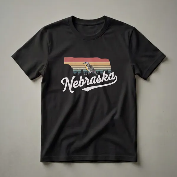 Black t-shirt with a retro graphic of the Nebraska state outline filled with sunset stripes and a western meadowlark bird illustration.