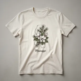 Mississippi Magnolia and Pine Sketch Graphic T-Shirt for State Pride