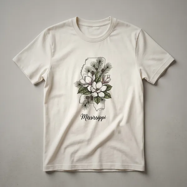 Black t-shirt with a sketch outline of Mississippi filled with black magnolias, pine branches, and pinecones, with the word 'Mississippi' written below.
