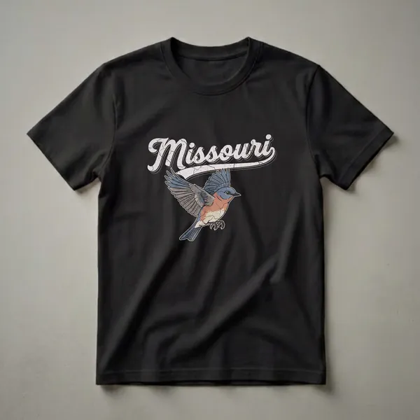 Black t-shirt featuring a retro graphic of a bluebird in flight with the word 'Missouri' in a vintage script font above it.
