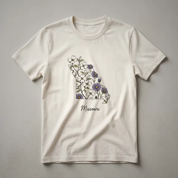 Black t-shirt featuring the outline of Missouri filled with purple asters, green leaves, and branches, with the word 'Missouri' written in cursive below.