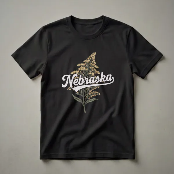 Black t-shirt featuring the word 'Nebraska' in a distressed retro font, overlaid on a stylized illustration of goldenrod flowers and leaves in muted yellow, green, and brown tones.