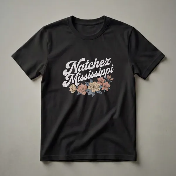 Black t-shirt with distressed white text reading 'Natchez Mississippi' above a floral arrangement of peach, yellow, and blue flowers.