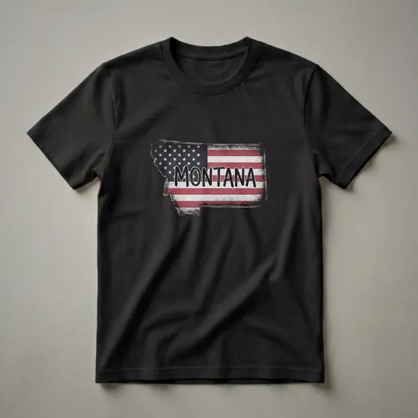 A graphic t-shirt featuring the outline of Montana filled with a distressed American flag design and the word MONTANA in bold white lettering.