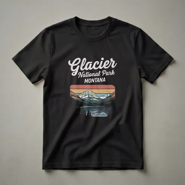 Black t-shirt with a retro graphic design of Glacier National Park, Montana, featuring snow-capped mountains, a lake, and pine trees with distressed text.